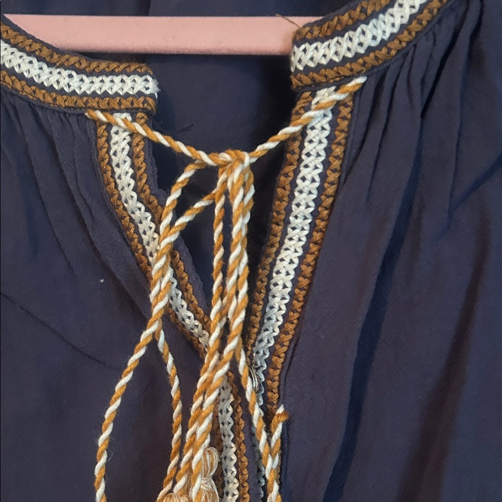 Bohemian Embroidered Women's Top - Navy and Cream with snap closure and two ties - Picture 7 of 10
